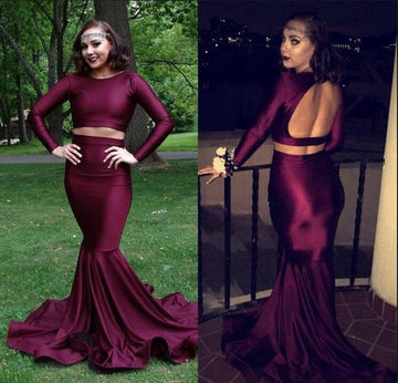 Burgundy Two Piece Long Sleeve Mermaid Evening Gowns JTE236