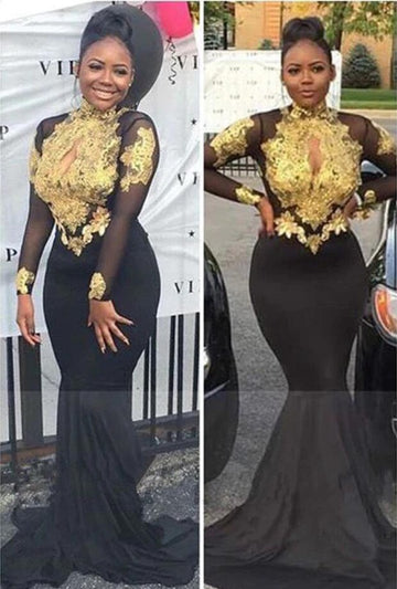 Black Long Sleeve Lace Mermaid Evening Gowns JTE237