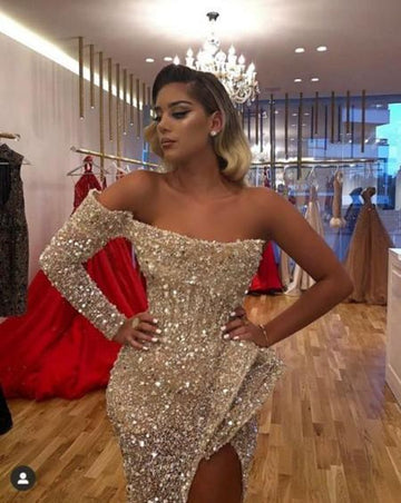 Sheath One-shoulder Slit Mermaid Sequins Prom Gowns JTE251