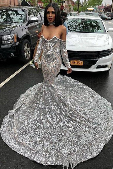 Trendy Long Sleeves Sweetheart Silver Mermaid Evening Gowns JTE254