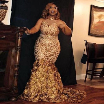 Plus Size Golden Sequined High Neck Mermaid Evening Gowns JTE257