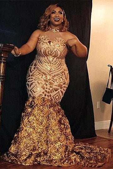 Plus Size Golden Sequined High Neck Mermaid Evening Gowns JTE257