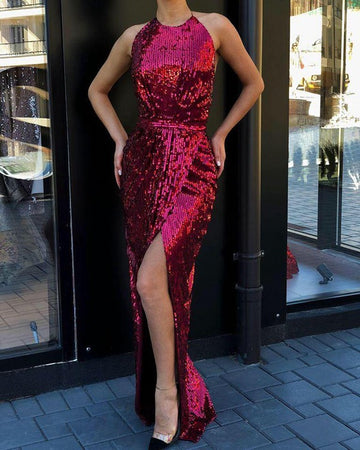 High neck Sequin Sexy High Slit Burgundy Evening Gowns JTE261