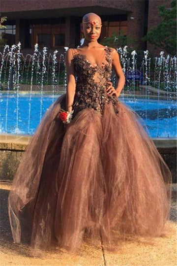 Chocolate Lace V-neck Appliques Ball Prom Gowns JTE266