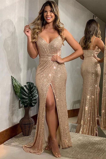 Trendy Golden Spaghetti Strap V-neck Sequin Evening Gowns JTE274