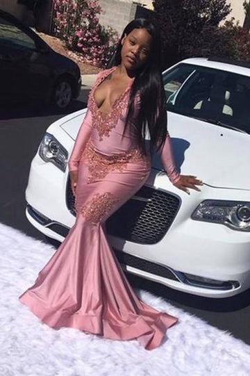 Plus Size Pink Long Sleeve V-neck Appliques Mermaid Evening Gown JTE282