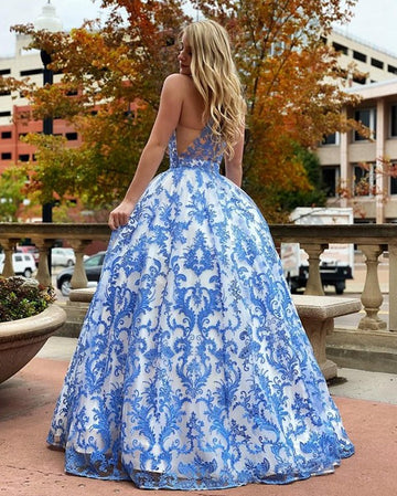 Blue Halter Lace Ball Gown Prom Gowns JTE294