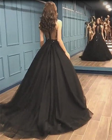 High Neck Black Tulle Lace Appliques Prom Dress JTE302