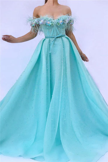 Turquoise Off-the-Shoulder Prom Dress JTE304