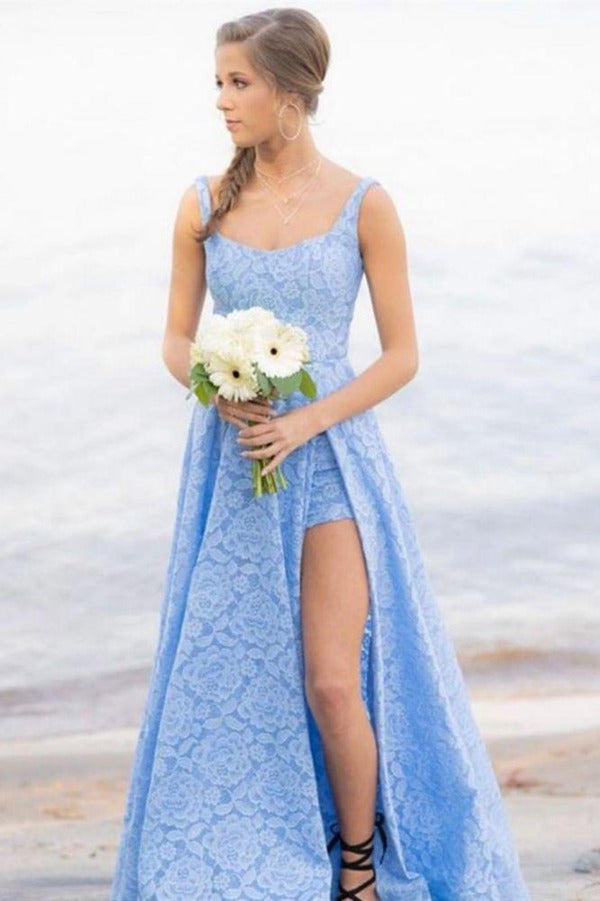 Trendy Blue Straps Front Slit Lace Prom Dress JTE307