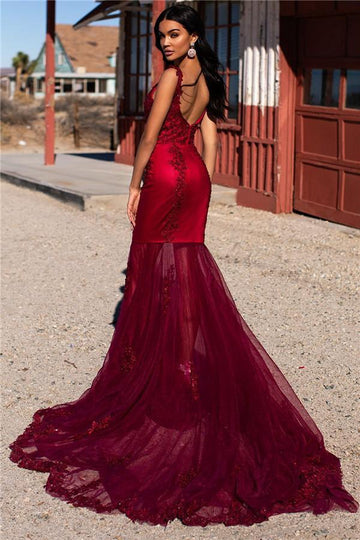 Burgundy Straps Appliques Tulle Mermaid Evening Gowns JTE313