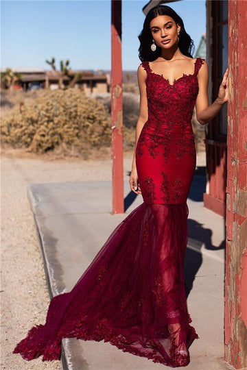 Burgundy Straps Appliques Tulle Mermaid Evening Gowns JTE313