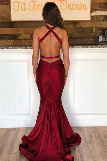 Mermaid Burgundy Halter V-Neck Evening Gowns JTE314