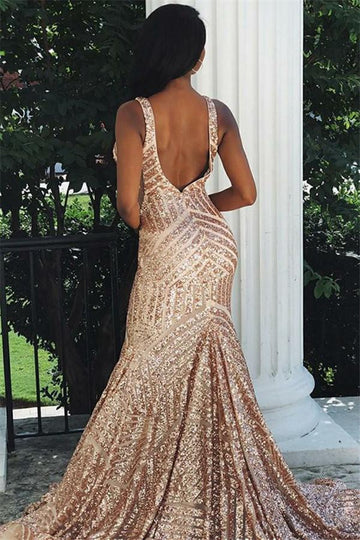 Mermaid Straps V-Neck Sequins Evening Gowns JTE315