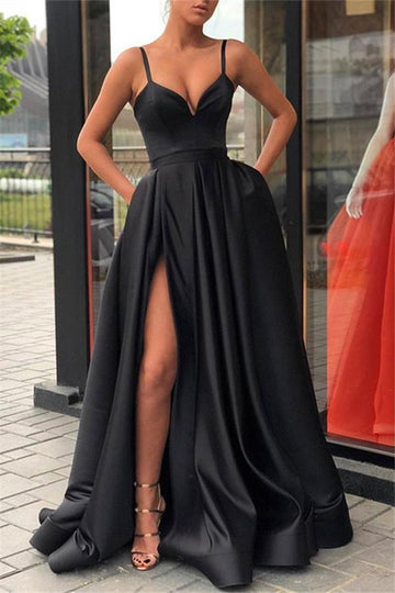 Black Spaghetti Strap Side Slit Prom Dress with Pocket JTE319