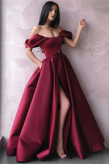 Burgundy Off-The-Shoulder A-Line Prom Dress JTE321