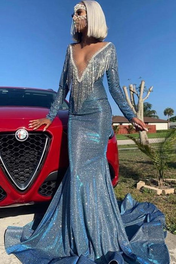 Blue Luxurious Sequins Long Sleeve Mermaid Prom Dress JTE322