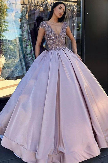 Pink V-neck Beading Ball Gown Prom Dress JTE324