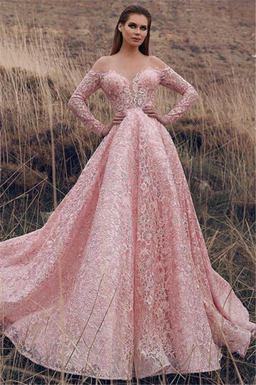 Pink Off-The-Shoulder Long-Sleeves Lace Applique Princess Prom Dress JTE325