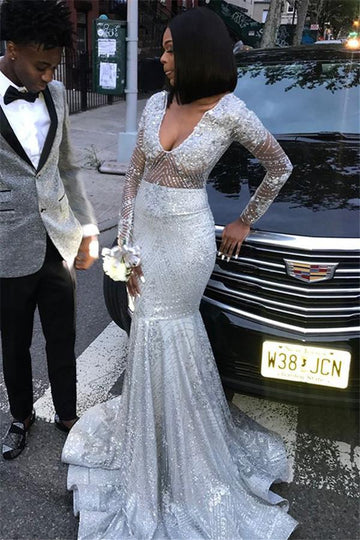 White V-Neck Long Sleeve Sequins Mermaid Evening Gown JTE332