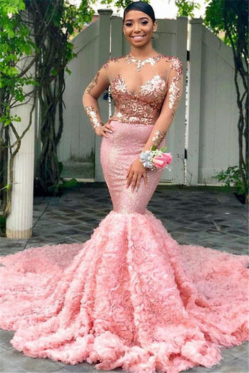 Trendy Plus Size Pink Round Long Sleeve Neck Mermaid Evening Gown JTE335