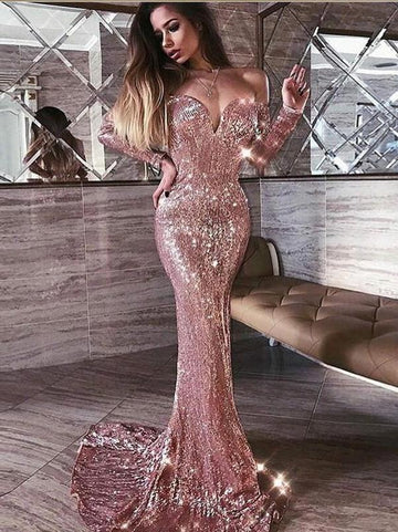 Pink Sequined Long Sleeve Off-the-Shoulder Mermaid Evening Gowns JTE339