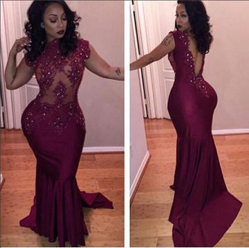 Burgundy Mermaid Lace Appliques Evening Gowns JTE341