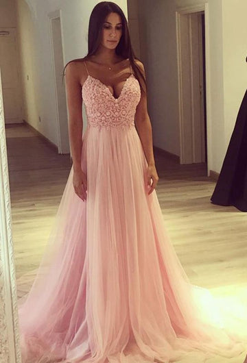 Plus Size Spaghetti Strap V-Neck Pink Prom Gowns JTE343