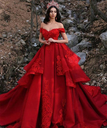 Red Ball Gown Appliques Off-the-Shoulder Prom Gowns JTE354