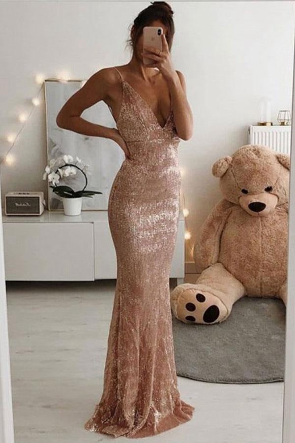 Rose Pink Sequin Spaghetti Strap V neck Column Evening Gowns JTE357