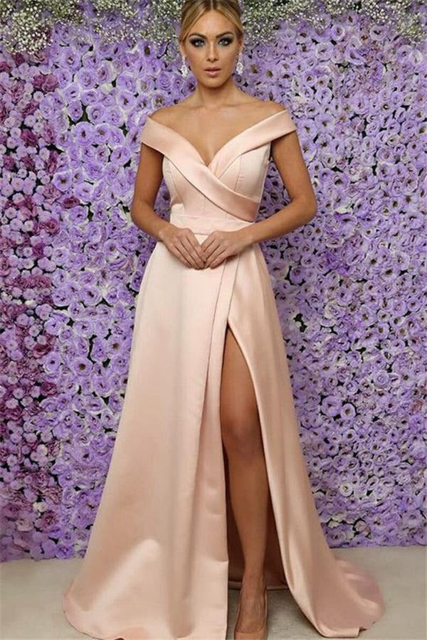 Pink Satin Off-the-Shoulder Side Slit Evening Dress JTE364