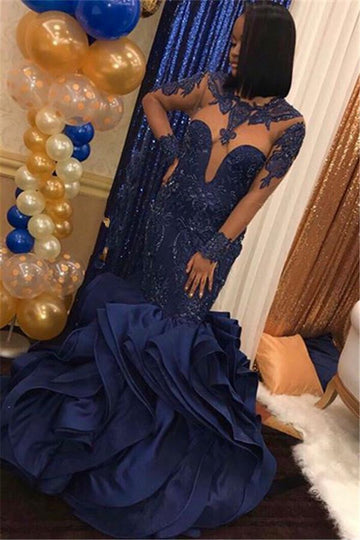 Navy Blue Long Sleeve Beads Appliques Ruffles Evening Gowns JTE370