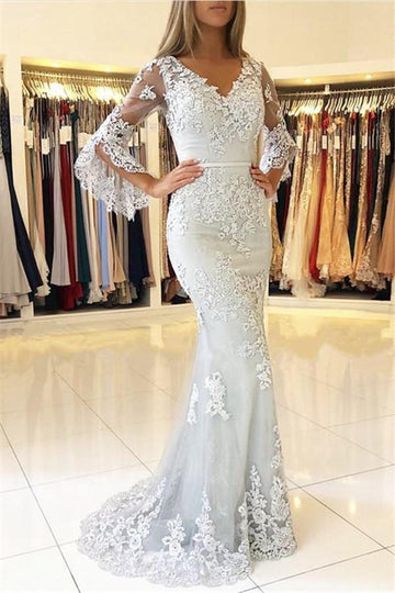 White V-Neck Bell Sleeves Lace Appliques Mermaid Evening Gown JTE383