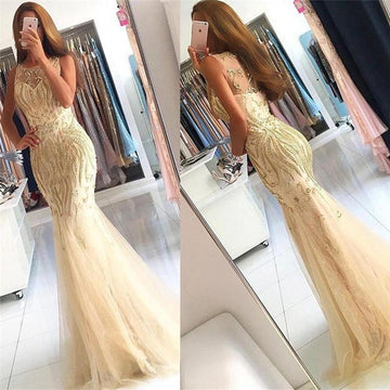 Beaded Crystals Mermaid Champagne Mermaid Evening Gown JTE384