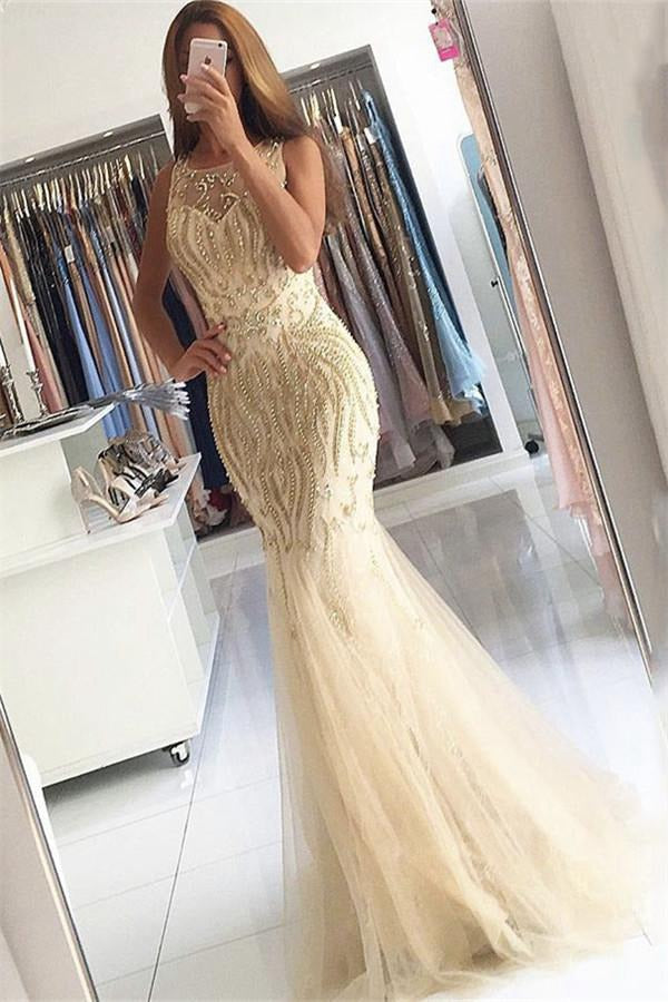 Beaded Crystals Mermaid Champagne Mermaid Evening Gown JTE384