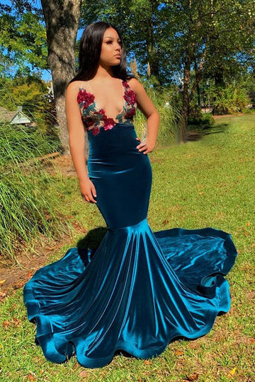 Ink Blue Floral Appliques Deep V-neck Mermaid Evening Gown JTE397