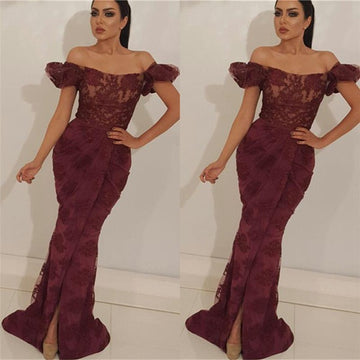 Dark Burgundy Off-the-Shoulder Lace Mermaid Evening Gown JTE408