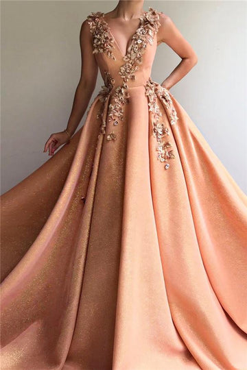 Pink V-neck Appliques Prom Gown JTE414