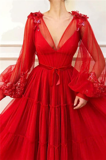 V-neck Long Sleeves Red Ball Gown Appliques Prom Gown JTE416