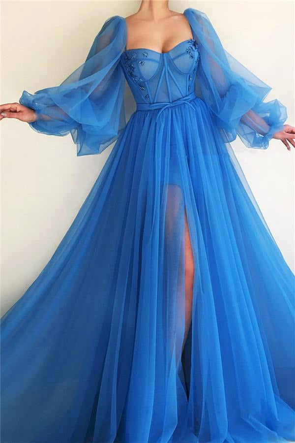 Blue Long Sleeve Sweetheart Prom Gown JTE418