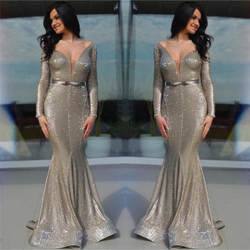 Sparkle Sequins V-neck Long Sleeve Mermaid Evening Gown JTE419