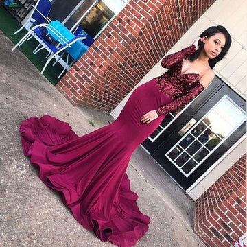 Burgundy Off-the-Shoulder Appliques V-neck Long Sleeve Mermaid Evening Gown JTE424