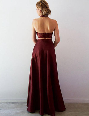 Burgundy Two Piece A-Line Split Front Halter Junior Prom Gown JTE442