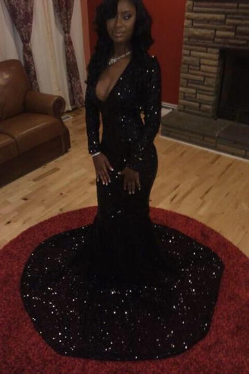 Black Sequins Long-Sleeve Deep-V-Neck Mermaid Evening Gown JTE443