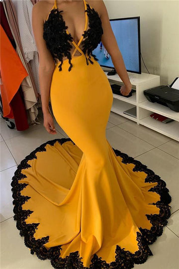 Yellow V-neck Mermaid Halter Evening Gown JTE449