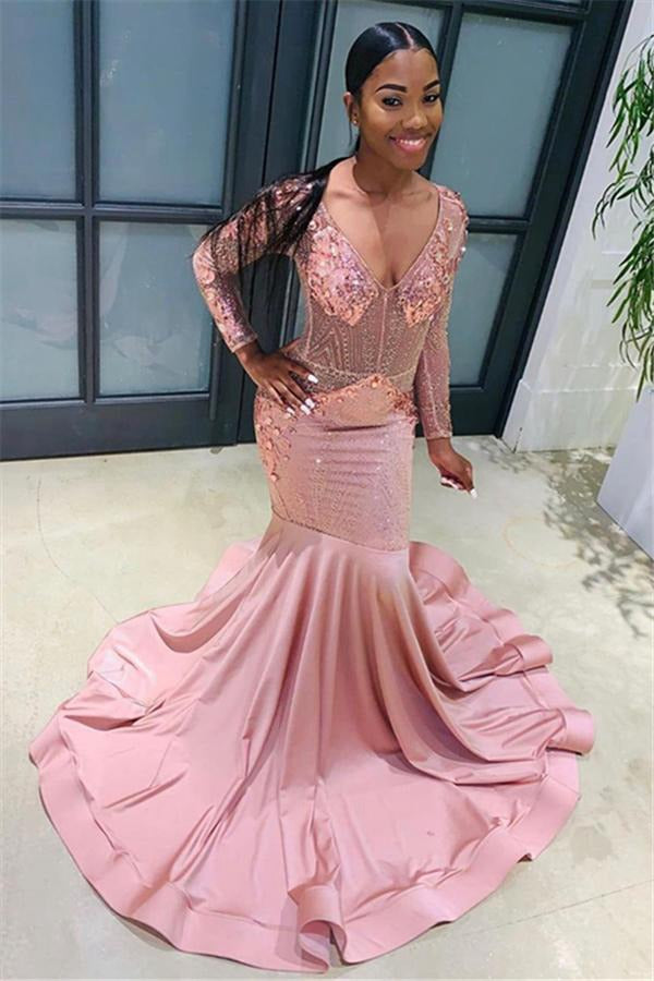 Pink Beads V-neck Long Sleeve Mermaid Evening Gown JTE451