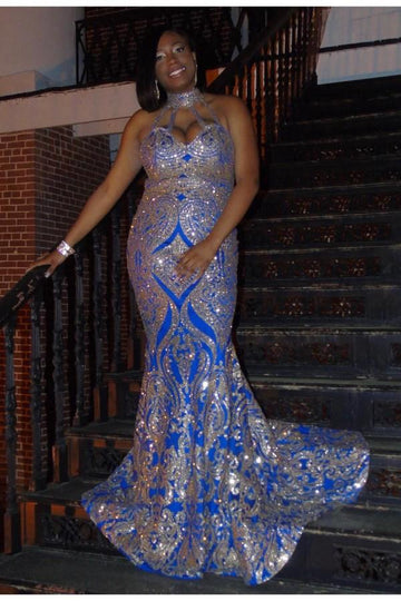 Trendy Blue Plus Size Halter Lace Appliques Mermaid Evening Gown JTE460