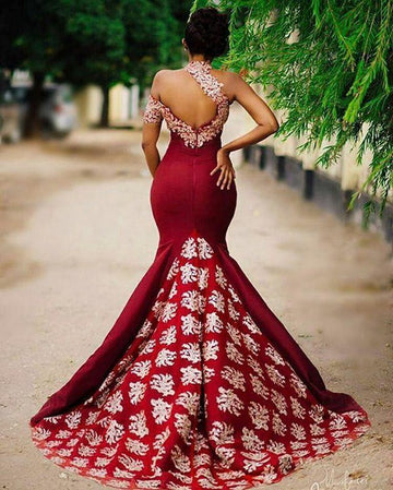 Halter Appliques Burgundy Mermaid Evening Gown JTE465