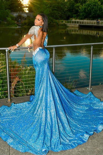 Trendy Blue Sequin Modest Beadings Mermaid Evening Gown JTE483