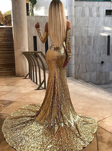 Off-the-Shoulder Champagne Sequins Long Sleeve Side Slit Mermaid Evening Gown JTE485